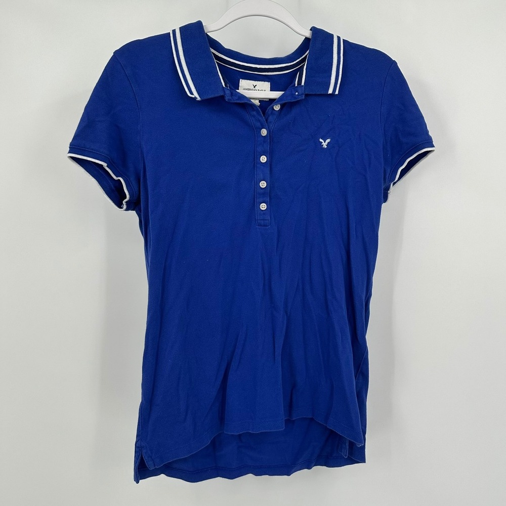 American Eagle Womens Preppy Polo Shirt Size L Tennis Golf Nautical School Blue